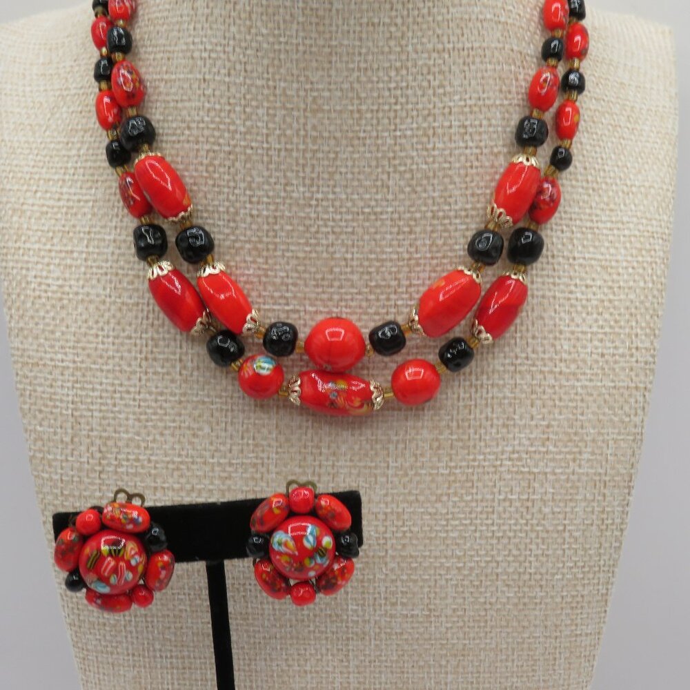 Vintage Japan Red and Black Beaded Necklace and Clip On Earrings Set